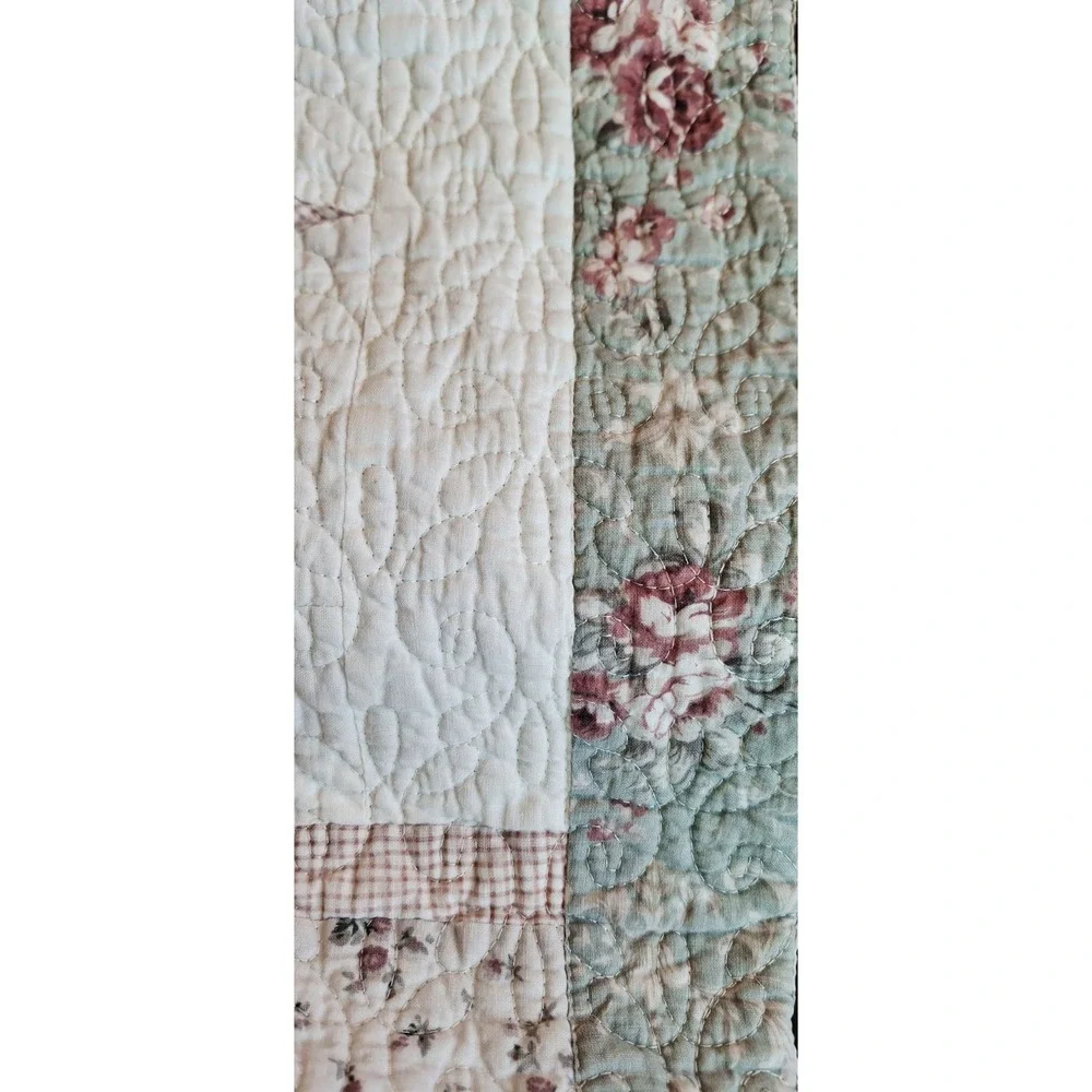 Vintage Quilted Floral Pillow Sham Cream Pink Green Cottagecore  2pc shabby Chic